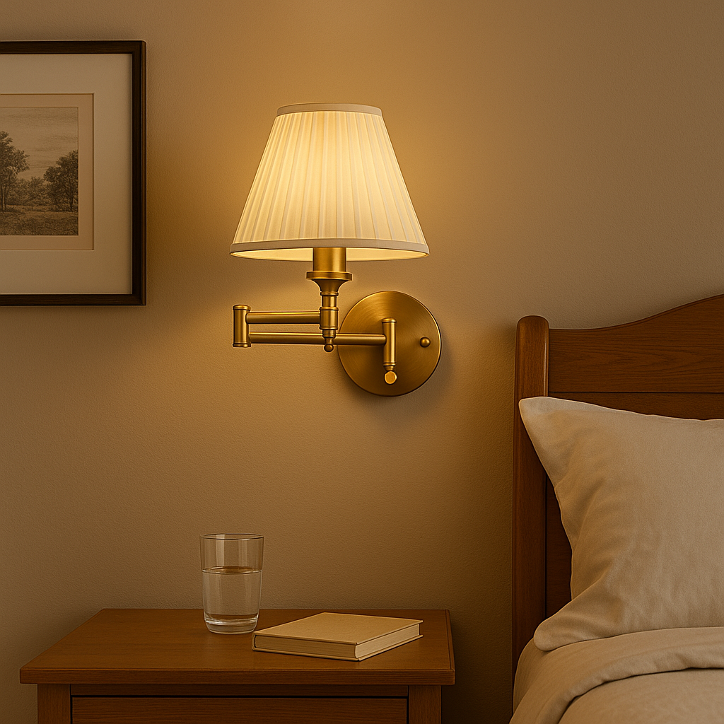 Antique Brass Wall Light | Swing Arm Adjustable Pleated Fabric Shade Sconce Indoor Lighting