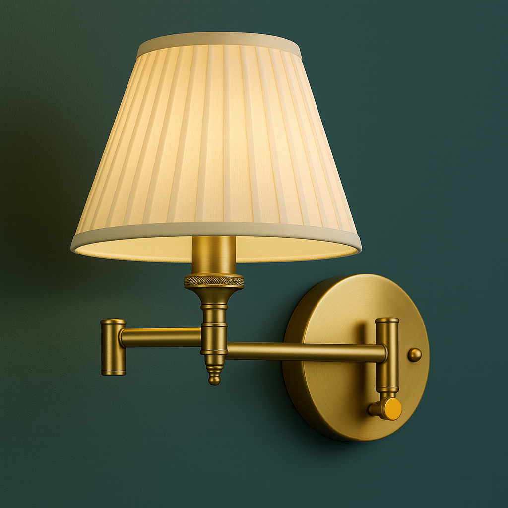 Antique Brass Wall Light | Swing Arm Adjustable Pleated Fabric Shade Sconce Indoor Lighting