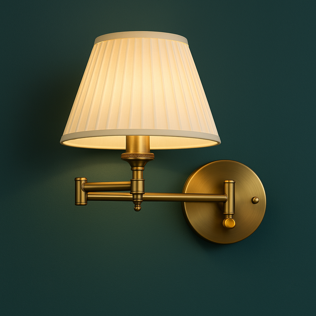 Antique Brass Wall Light | Swing Arm Adjustable Pleated Fabric Shade Sconce Indoor Lighting