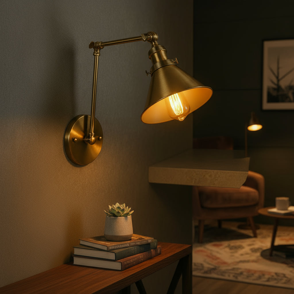 Brass Wall Light | Adjustable Vintage Cone Shade Articulated Arm Sconce Indoor