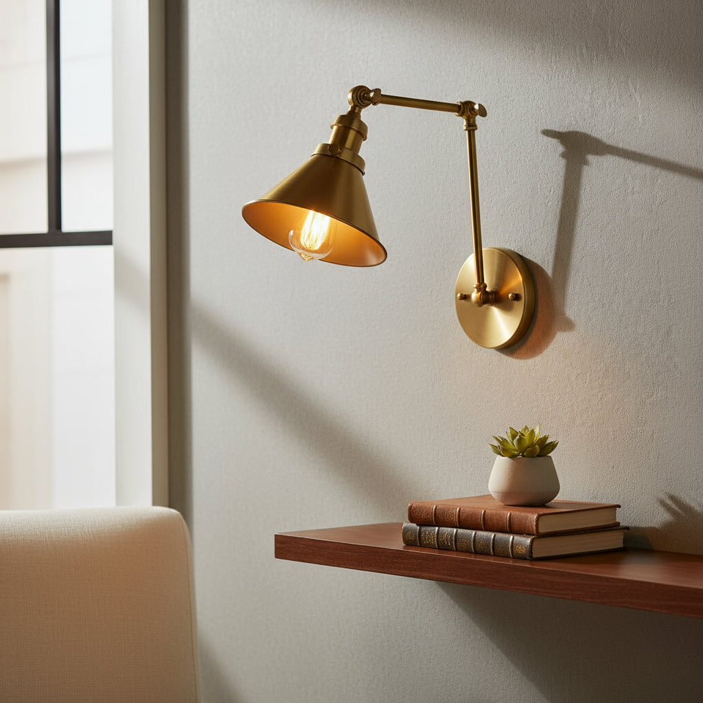 Brass Wall Light | Adjustable Vintage Cone Shade Articulated Arm Sconce Indoor