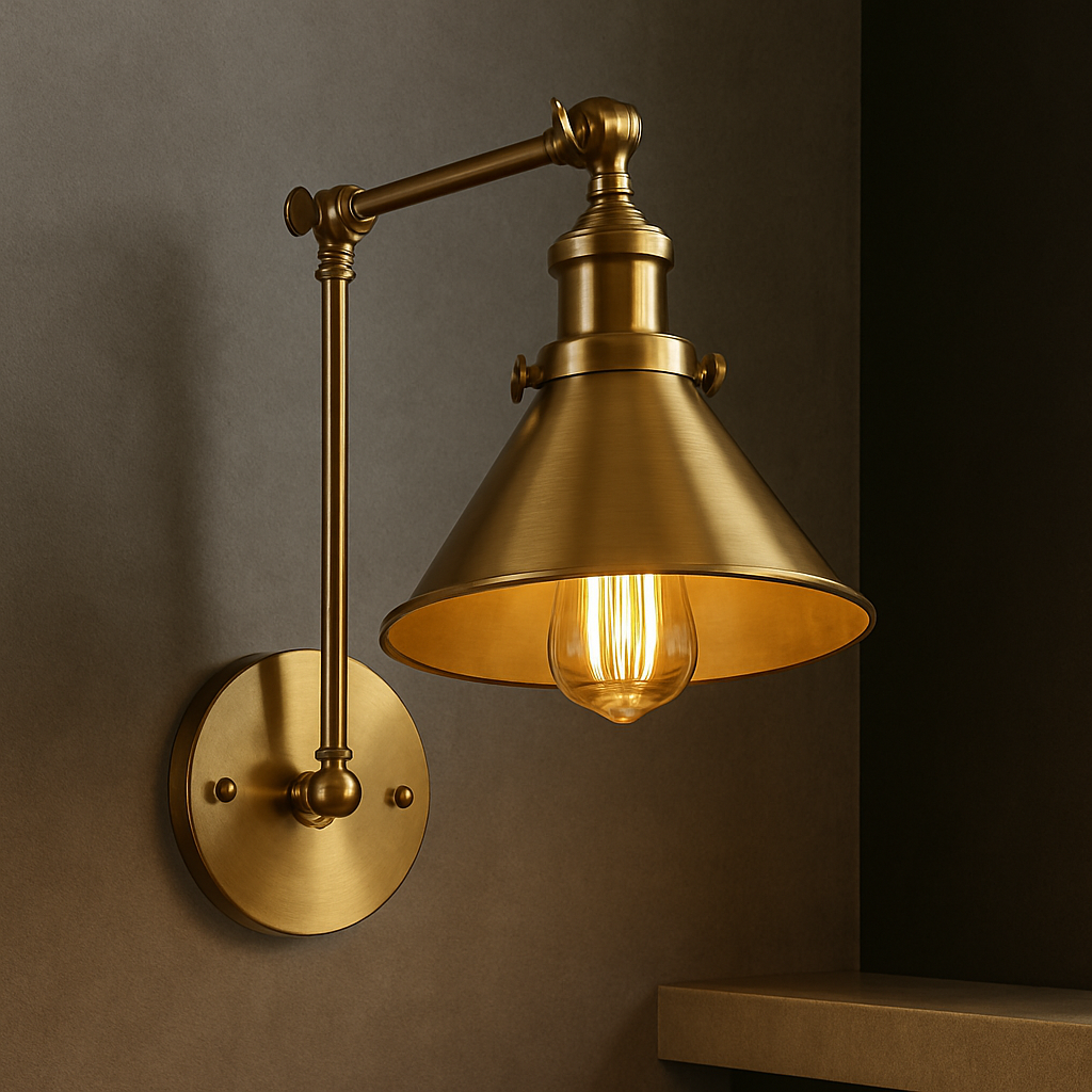 Brass Wall Light | Adjustable Vintage Cone Shade Articulated Arm Sconce Indoor