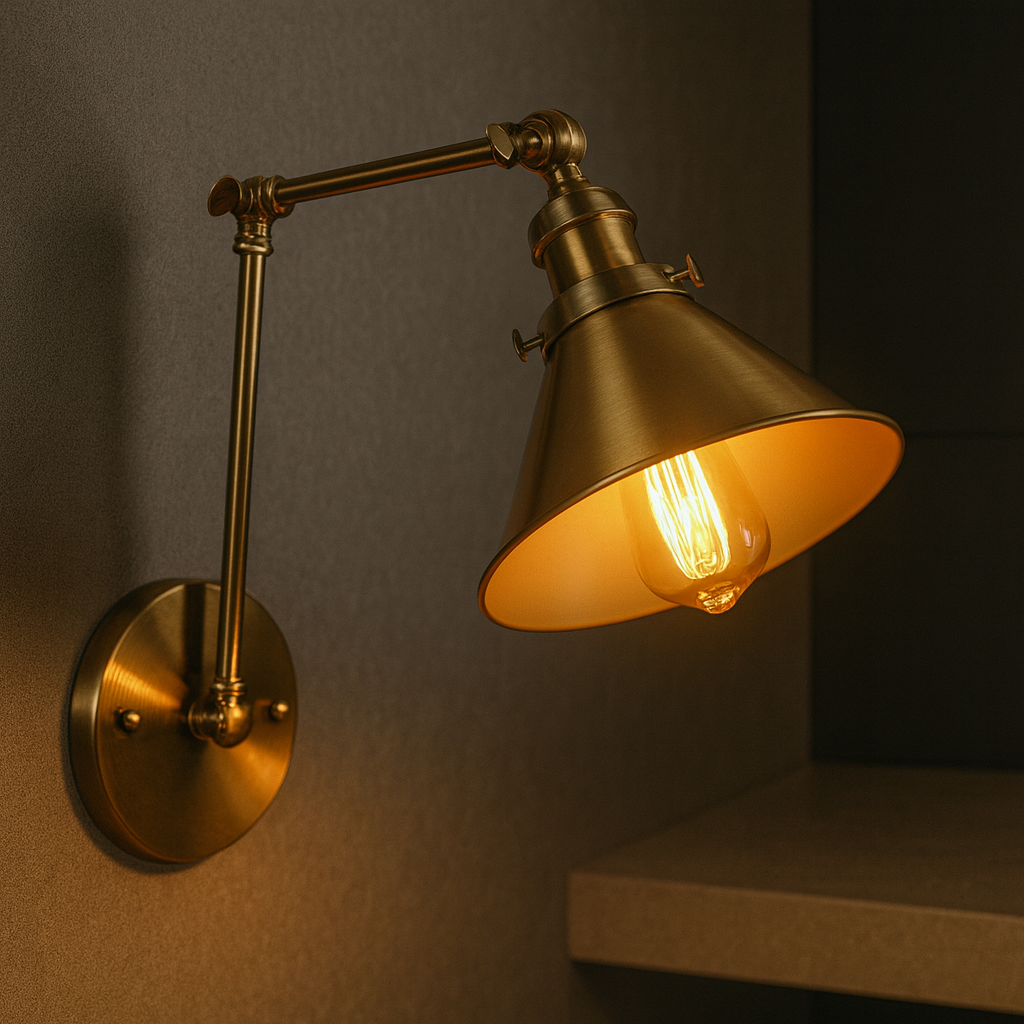 Brass Wall Light | Adjustable Vintage Cone Shade Articulated Arm Sconce Indoor