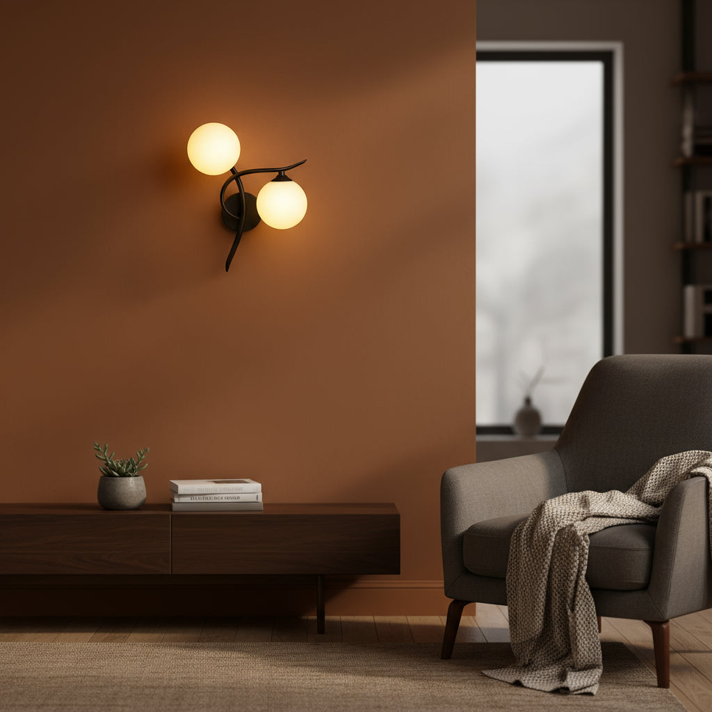 Brass Wall Light | Double Globe Modern Curved Frosted Glass Spheres Indoor Lighting