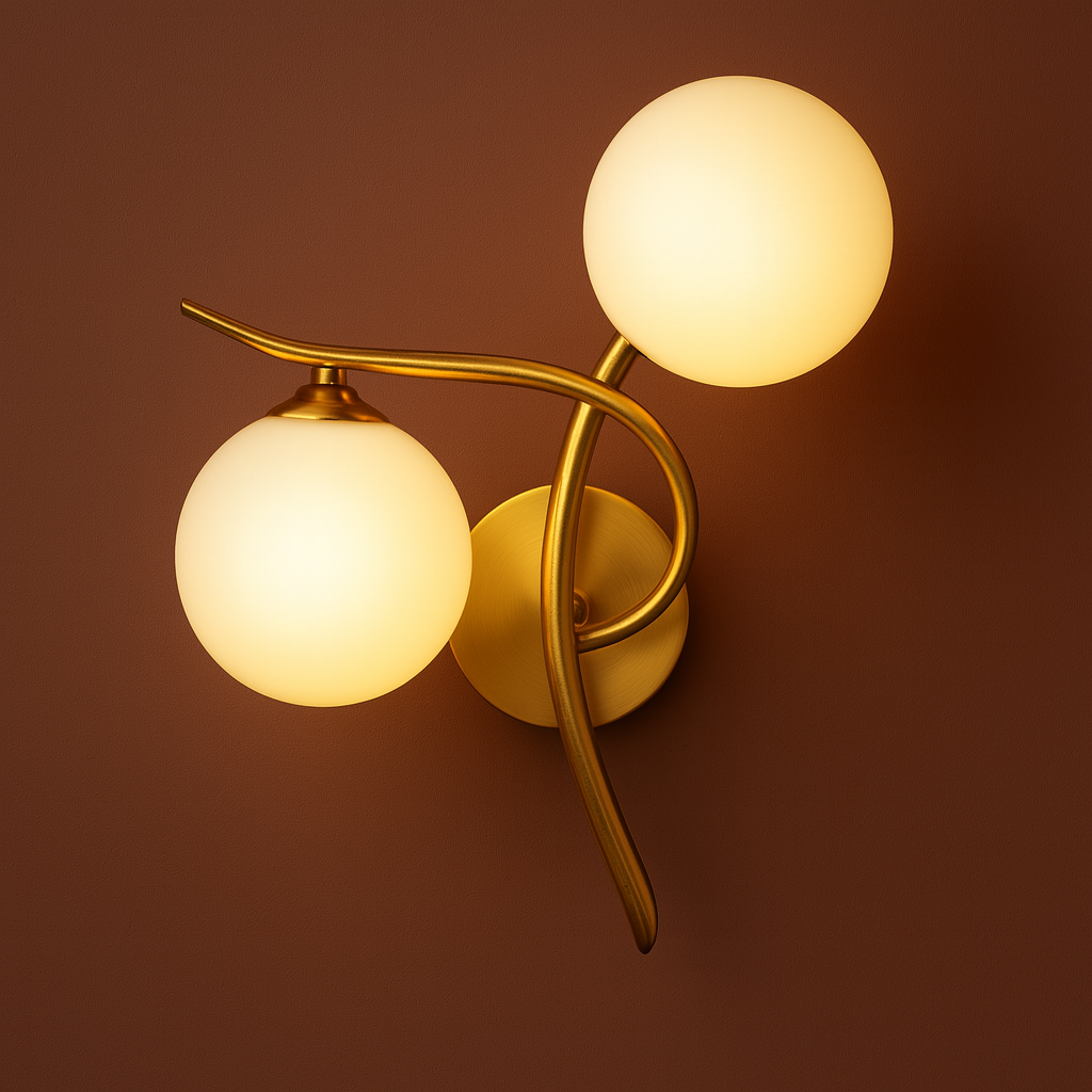 Brass Wall Light | Double Globe Modern Curved Frosted Glass Spheres Indoor Lighting