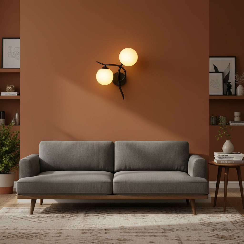 Brass Wall Light | Double Globe Modern Curved Frosted Glass Spheres Indoor Lighting