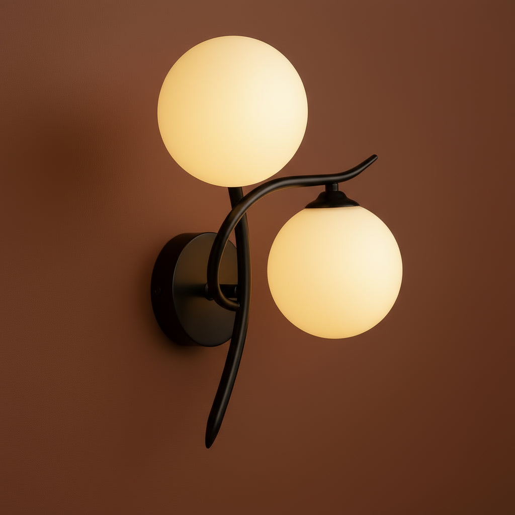 Brass Wall Light | Double Globe Modern Curved Frosted Glass Spheres Indoor Lighting