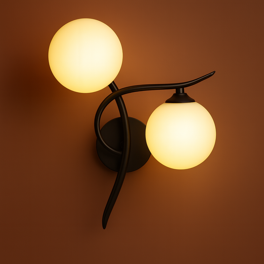 Brass Wall Light | Double Globe Modern Curved Frosted Glass Spheres Indoor Lighting