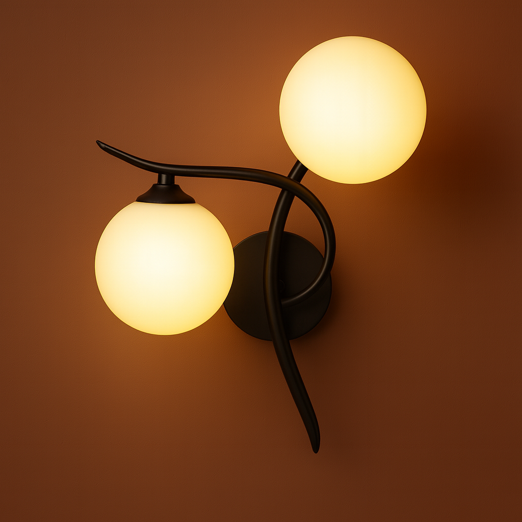 Brass Wall Light | Double Globe Modern Curved Frosted Glass Spheres Indoor Lighting