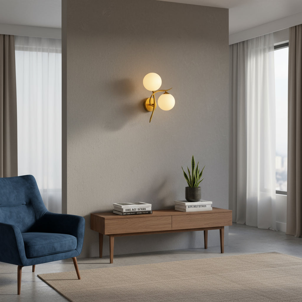 Brass Wall Light | Double Globe Modern Curved Frosted Glass Spheres Indoor Lighting