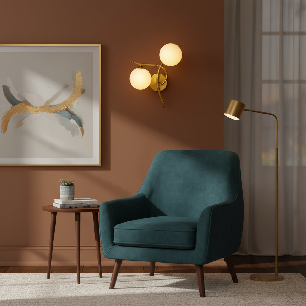 Brass Wall Light | Double Globe Modern Curved Frosted Glass Spheres Indoor Lighting