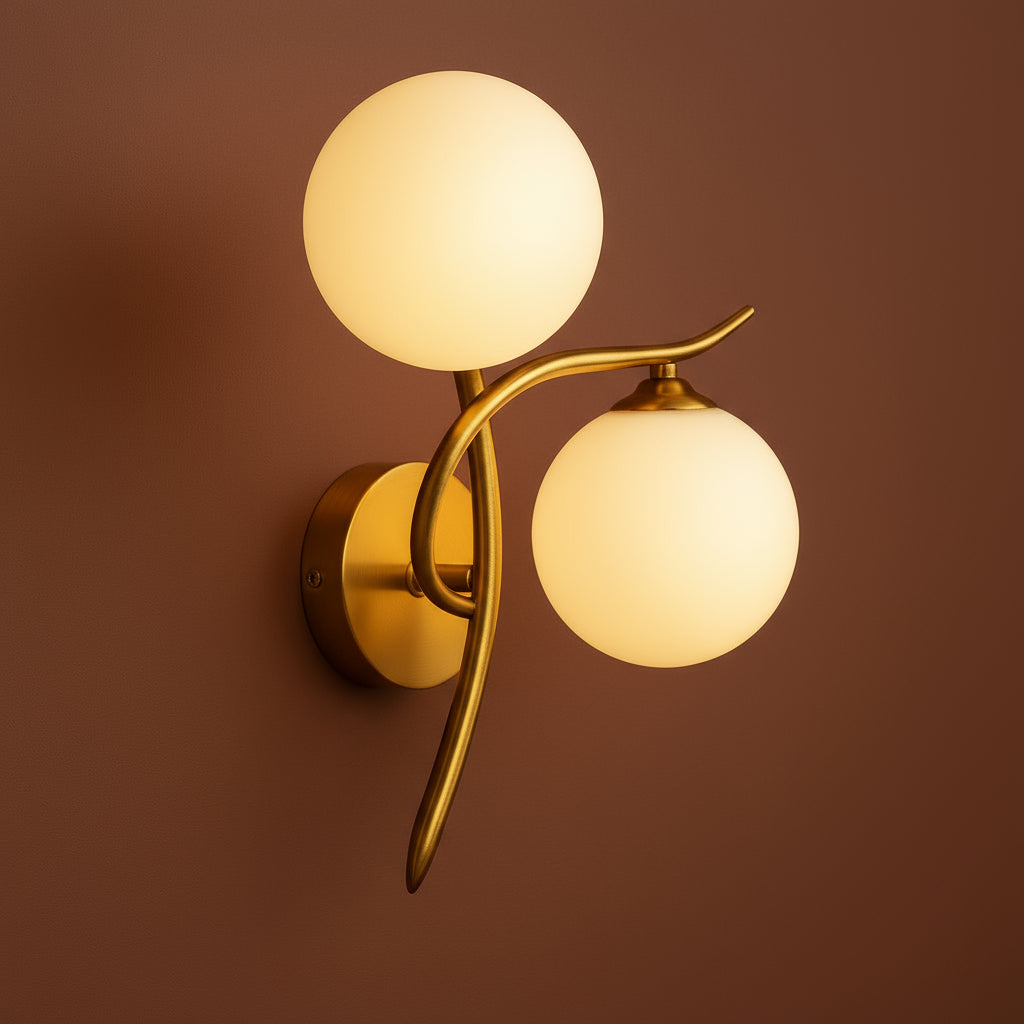Brass Wall Light | Double Globe Modern Curved Frosted Glass Spheres Indoor Lighting