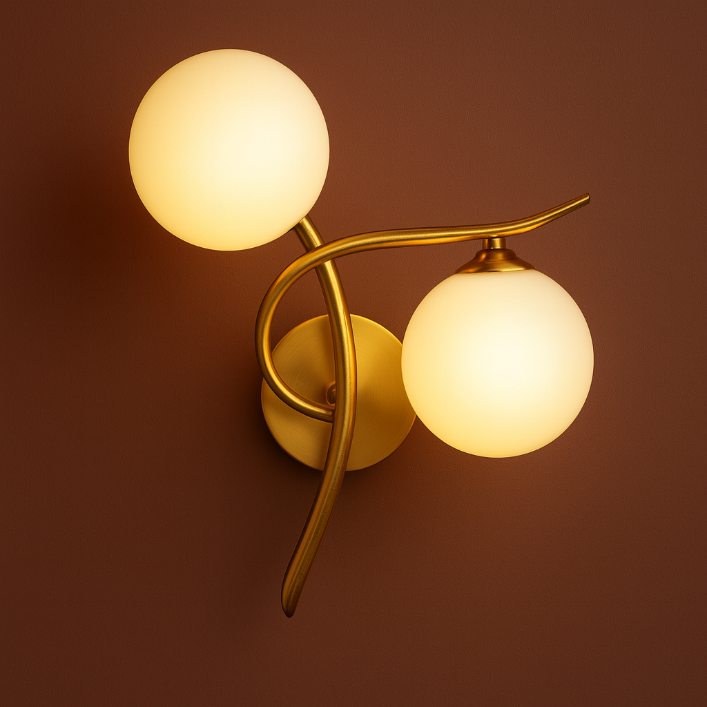Brass Wall Light | Double Globe Modern Curved Frosted Glass Spheres Indoor Lighting