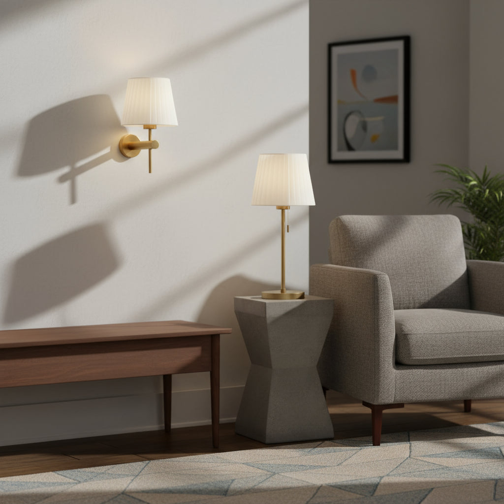 Contemporary Wall Light | Arched Gold Sconce Pleated Fabric Shade Bedroom Living Room
