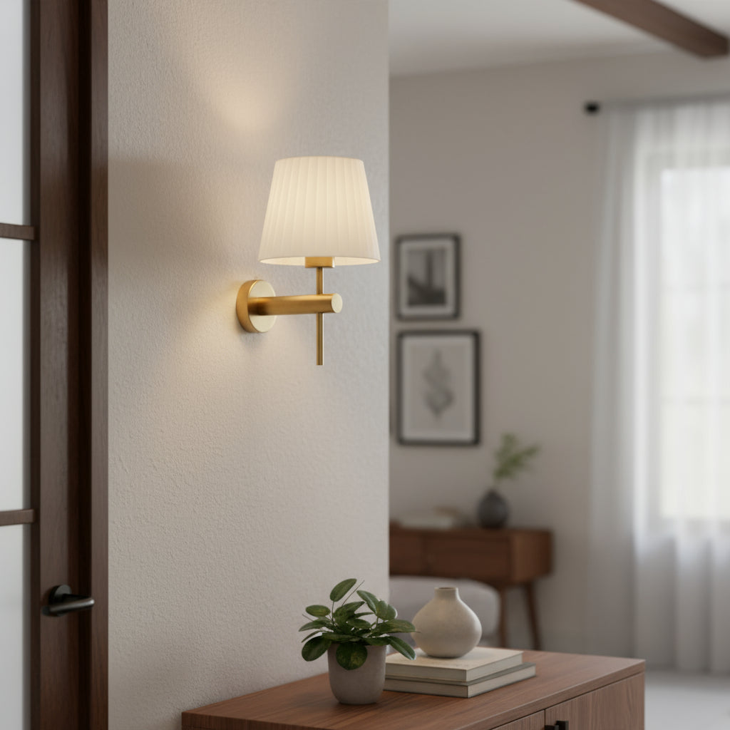 Contemporary Wall Light | Arched Gold Sconce Pleated Fabric Shade Bedroom Living Room