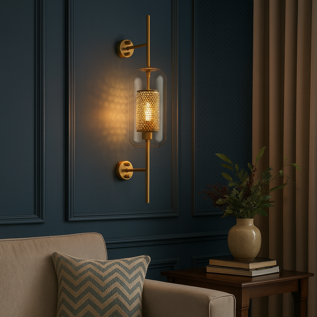 Industrial Wall Light | Brass Rod Glass Cylinder Shade Sconce Hallway Indoor
