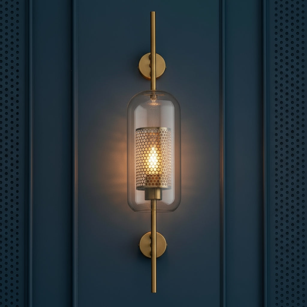 Industrial Wall Light | Brass Rod Glass Cylinder Shade Sconce Hallway Indoor