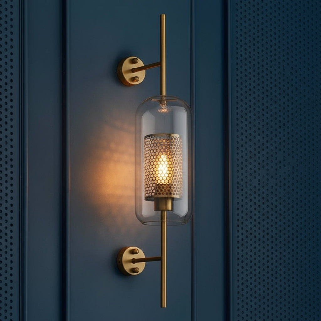 Industrial Wall Light | Brass Rod Glass Cylinder Shade Sconce Hallway Indoor