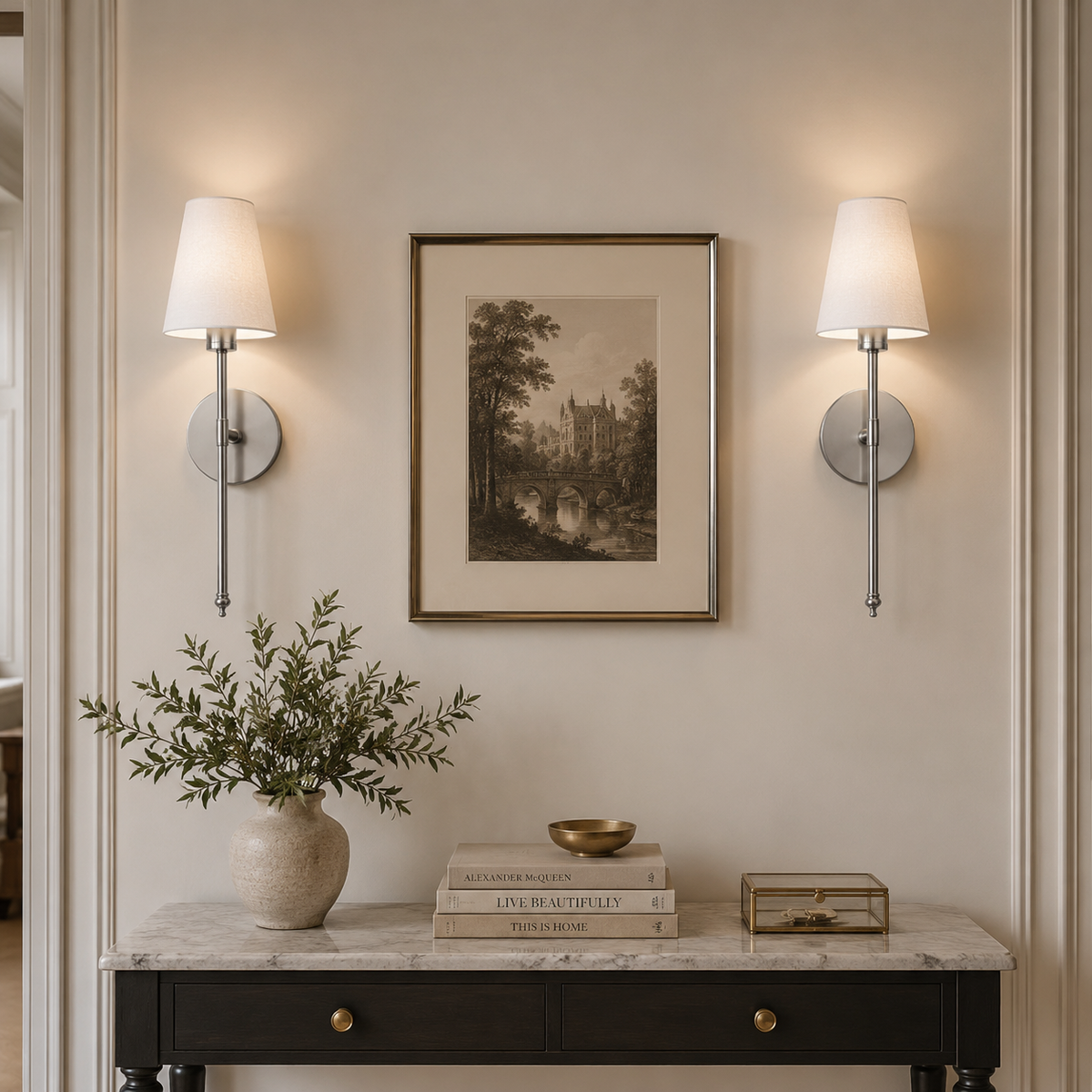 Stick-On Rechargeable Wall Light | Slim Brass White Cone Shade Battery Operated