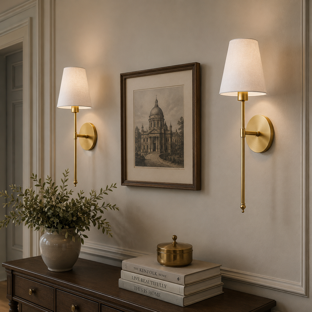 Stick-On Rechargeable Wall Light | Slim Brass White Cone Shade Battery Operated