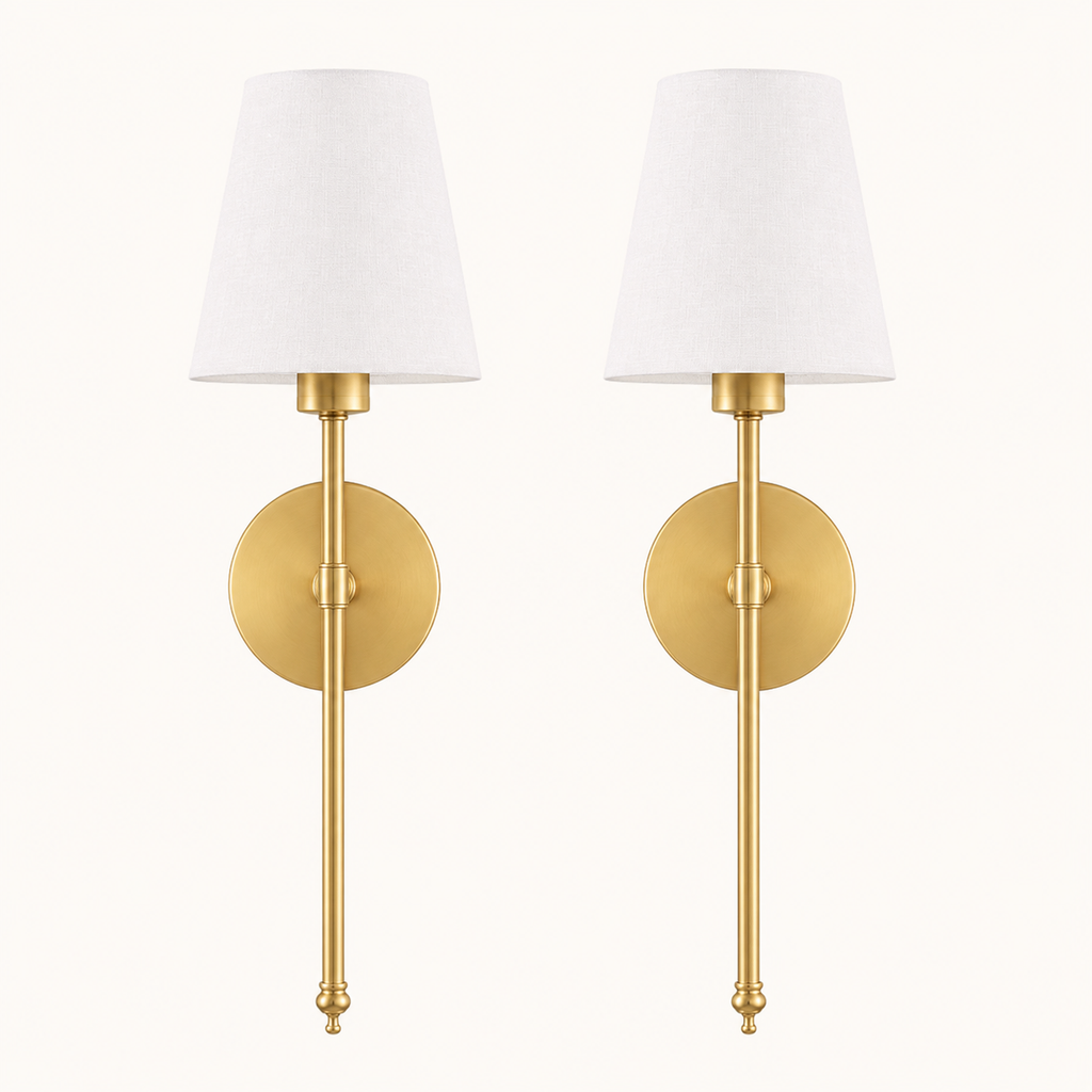 Stick-On Rechargeable Wall Light | Slim Brass White Cone Shade Battery Operated