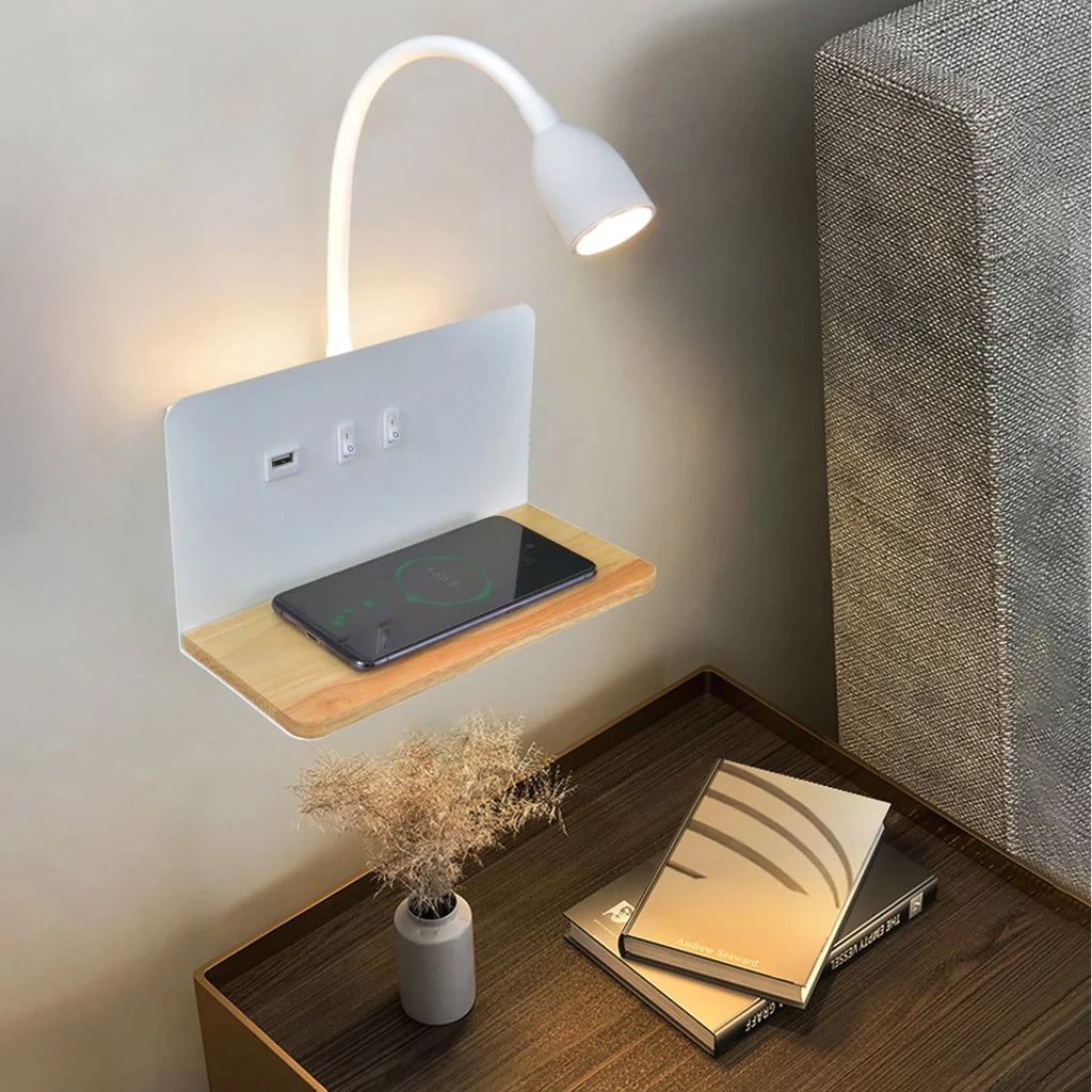 LED Wall Light | Bedside Sconce USB Wireless Charging Shelf Bedroom