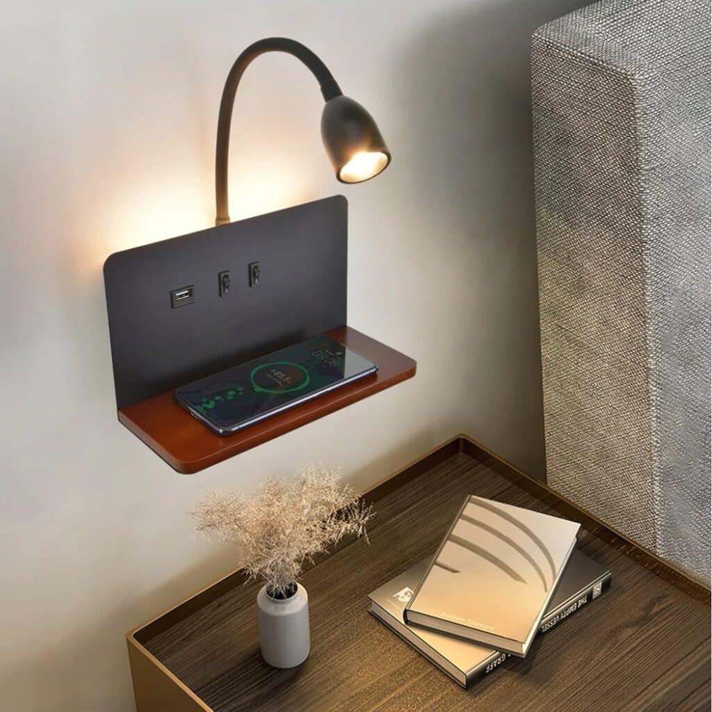 LED Wall Light | Bedside Sconce USB Wireless Charging Shelf Bedroom