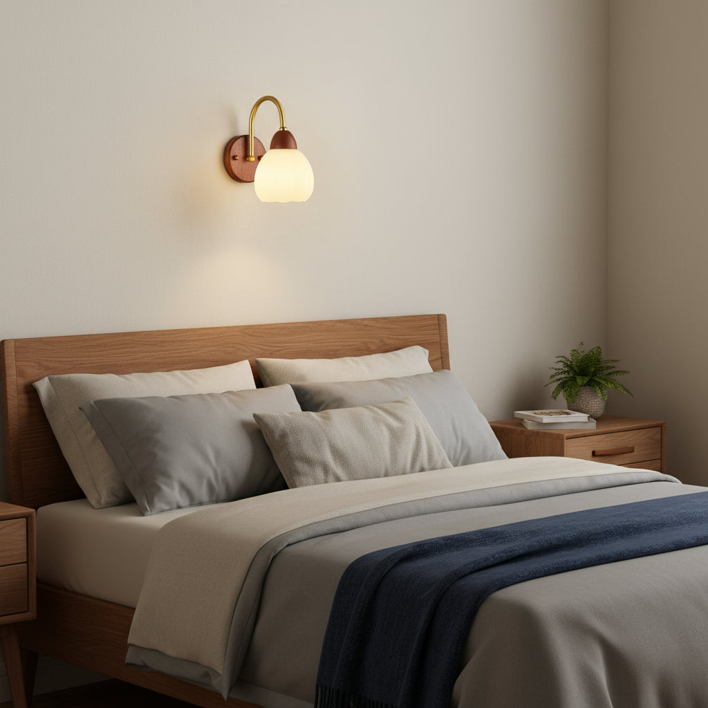 Vintage Wall Light | Wooden Base Frosted Glass Shade Ivory Metal Frame Bedroom