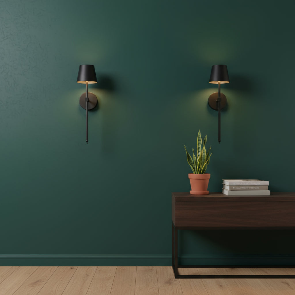 Rechargeable Wall Light | Black Metal Tapered Shade Touch Control Battery Operated