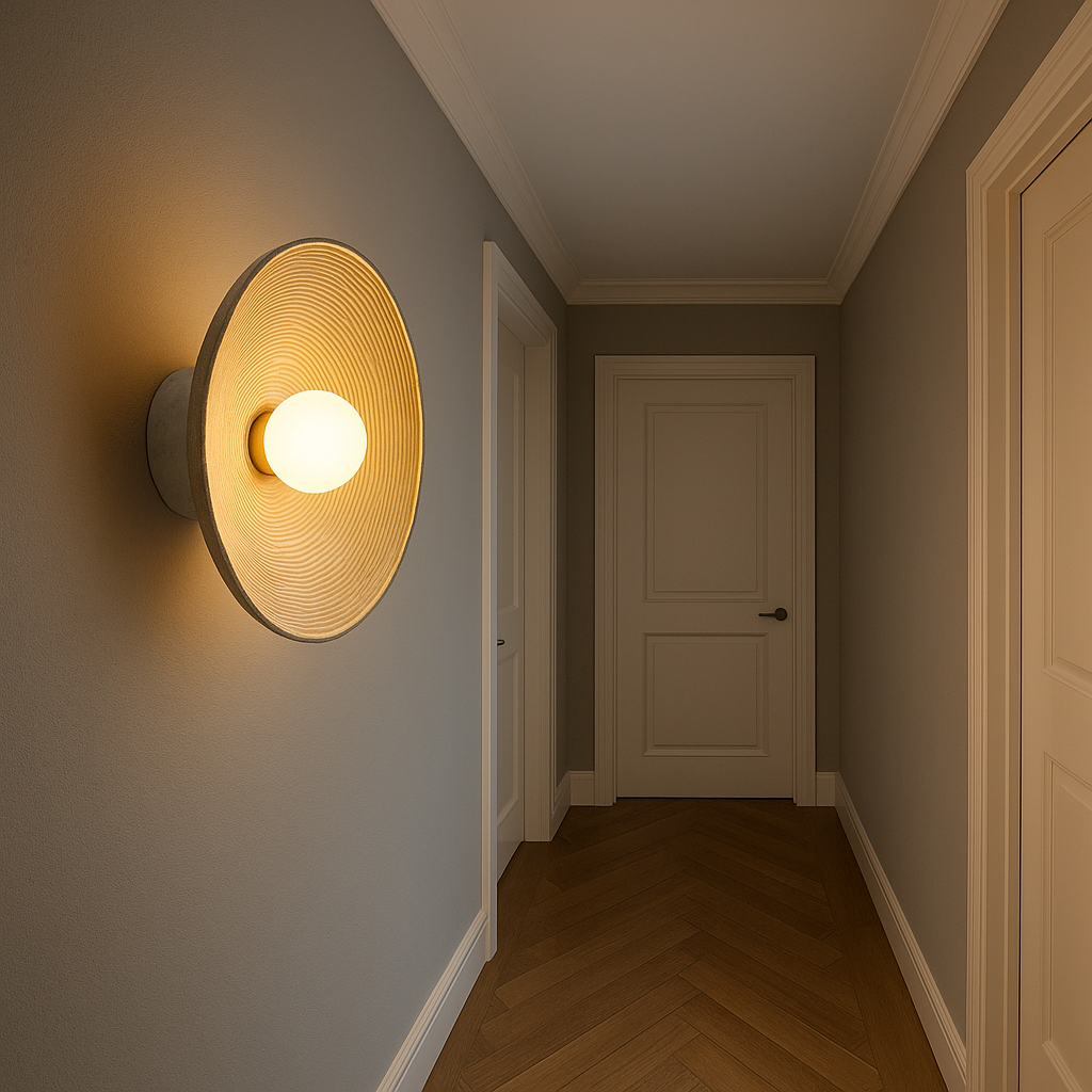 Modern Wall Light | Round Textured Resin Disc Central Frosted Glass Globe Indoor