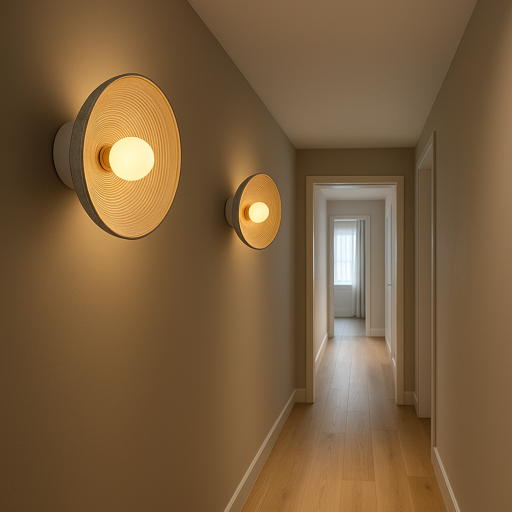 Modern Wall Light | Round Textured Resin Disc Central Frosted Glass Globe Indoor