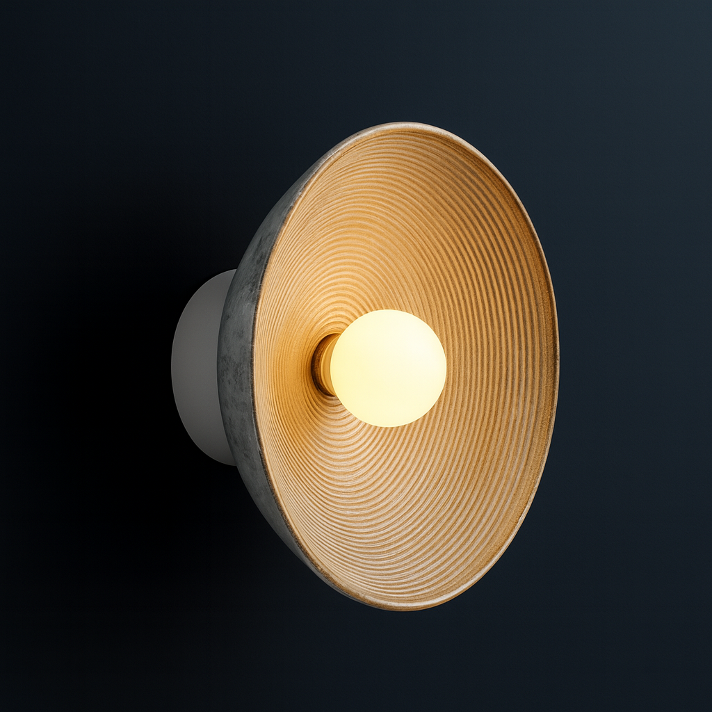 Modern Wall Light | Round Textured Resin Disc Central Frosted Glass Globe Indoor