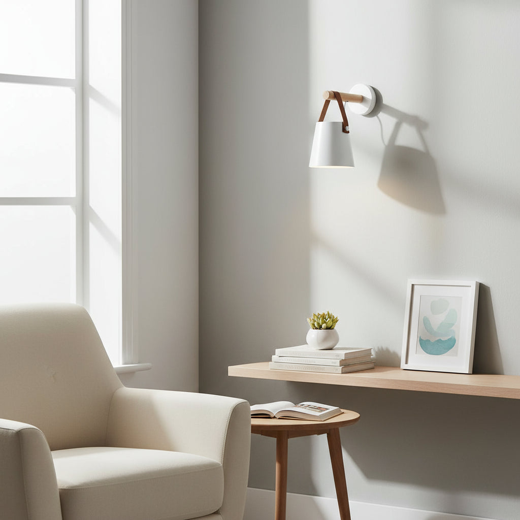 Modern Wall Light | Nordic Wooden Sconce Leather Strap Metal Shade Bedroom