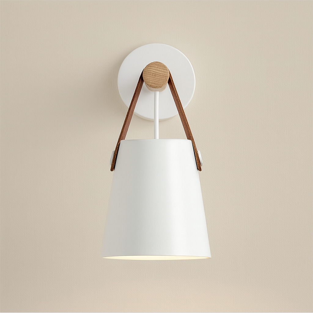 Modern Wall Light | Nordic Wooden Sconce Leather Strap Metal Shade Bedroom