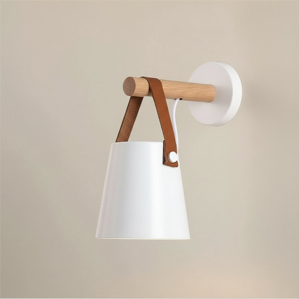 Modern Wall Light | Nordic Wooden Sconce Leather Strap Metal Shade Bedroom