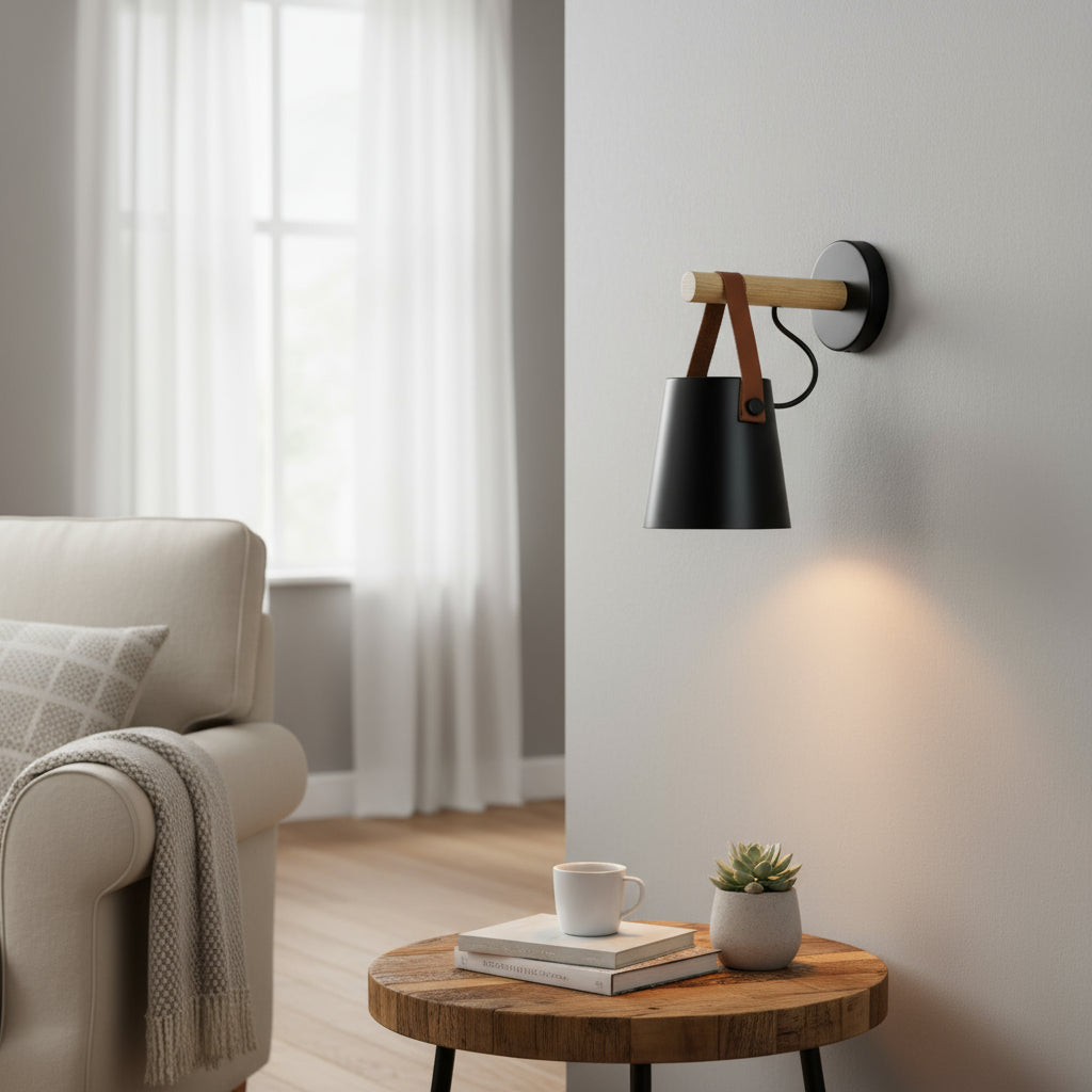 Modern Wall Light | Nordic Wooden Sconce Leather Strap Metal Shade Bedroom