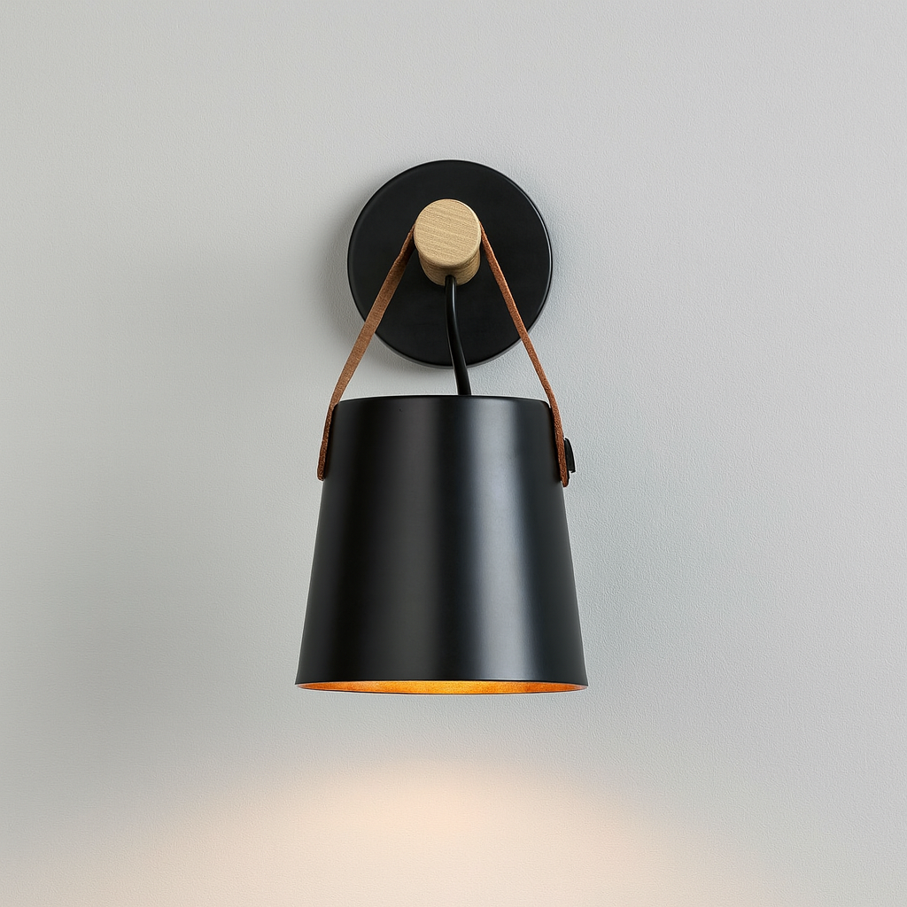 Modern Wall Light | Nordic Wooden Sconce Leather Strap Metal Shade Bedroom