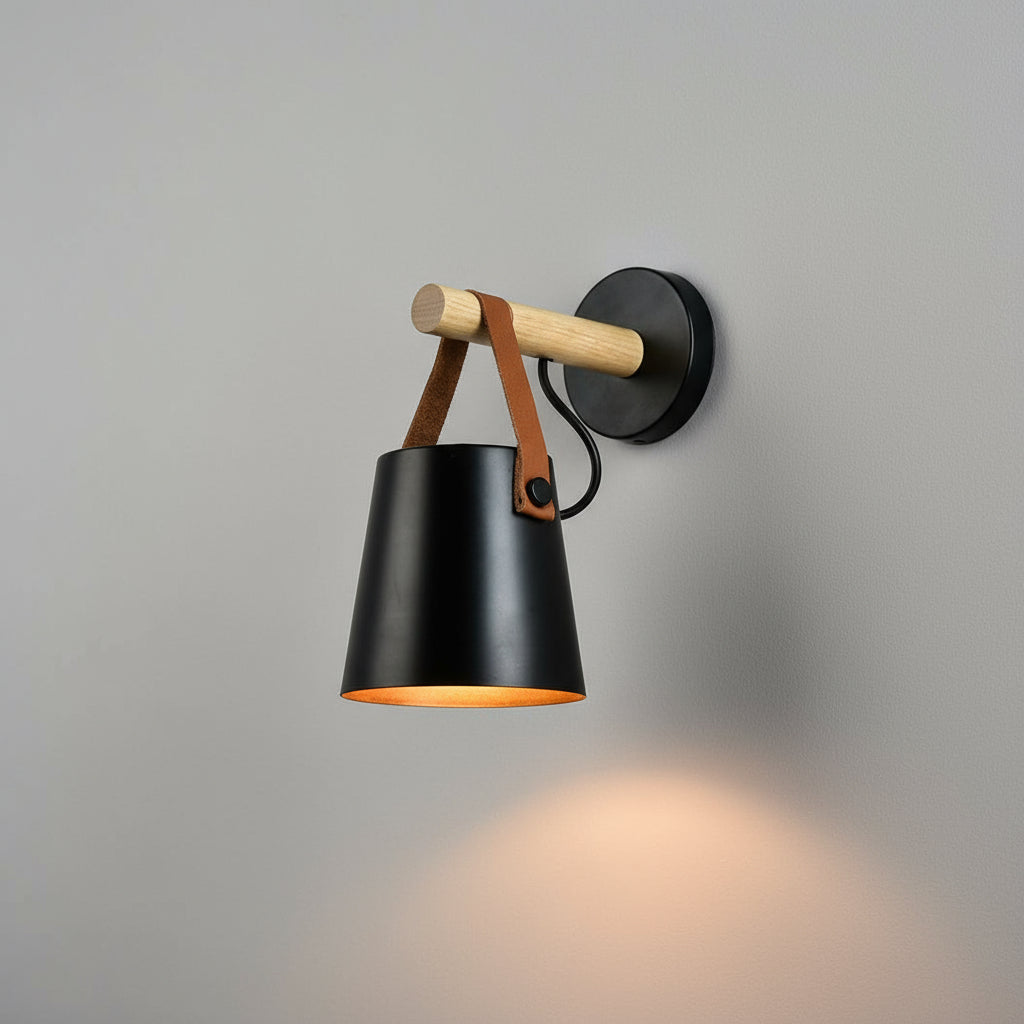 Modern Wall Light | Nordic Wooden Sconce Leather Strap Metal Shade Bedroom