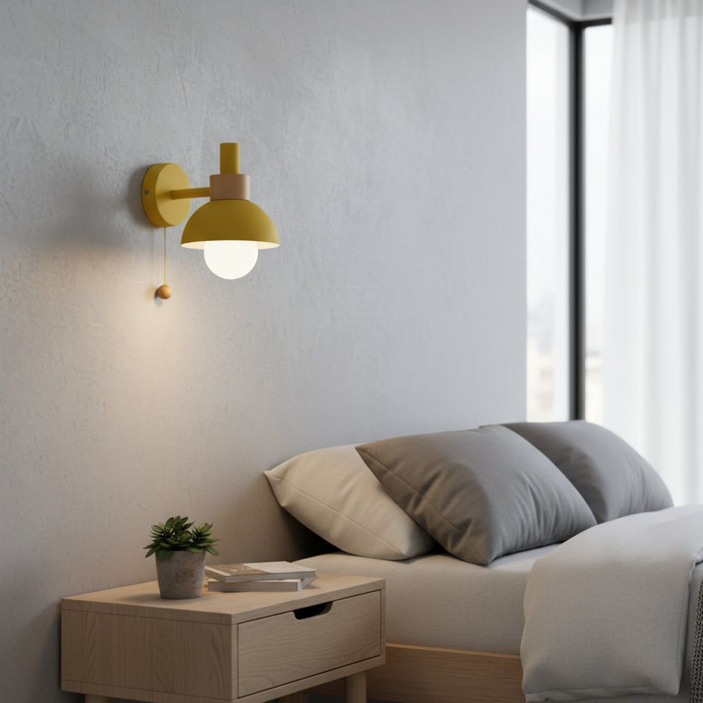 Modern Wall Light | Nordic Macaron Iron Wood Sconce Pull Switch Cord Pull