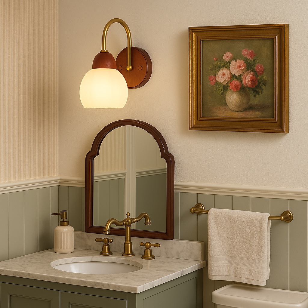 Vintage Wall Light | Wooden Base Frosted Glass Shade Ivory Metal Frame Bedroom