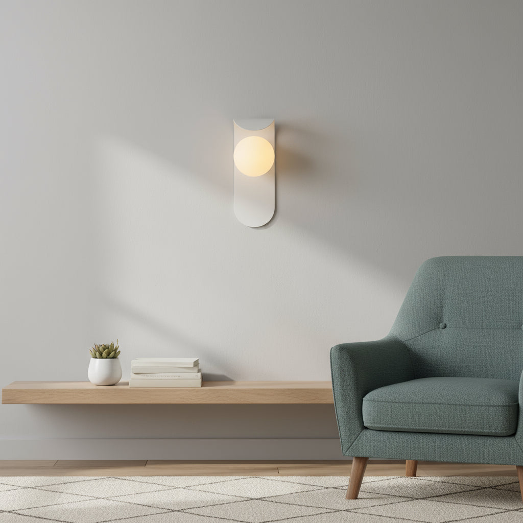 Modern Wall Light | Curved Metal Backplate Frosted Glass Globe Shade Bedroom
