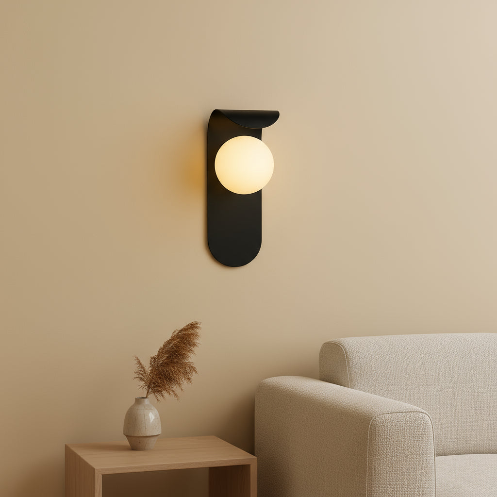 Modern Wall Light | Curved Metal Backplate Frosted Glass Globe Shade Bedroom
