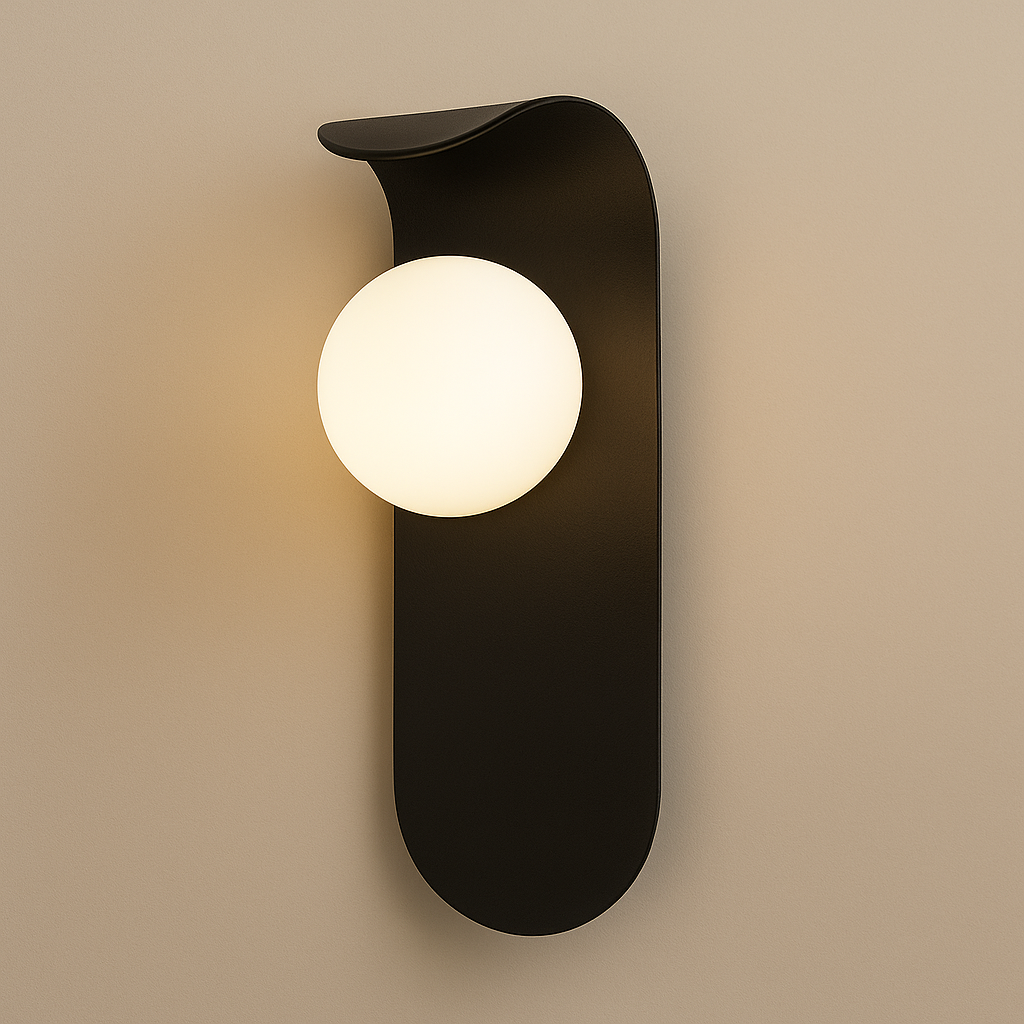 Modern Wall Light | Curved Metal Backplate Frosted Glass Globe Shade Bedroom