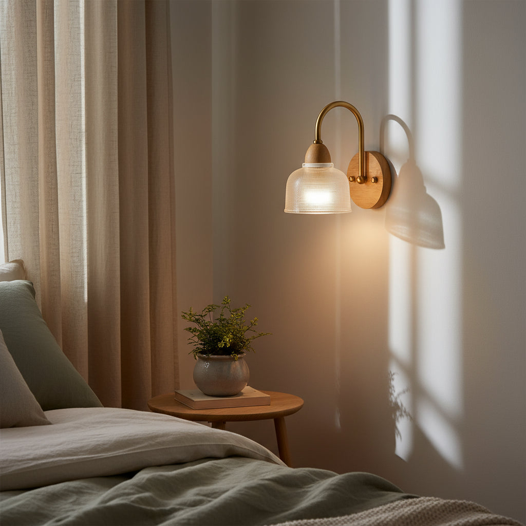 Modern Wall Light | Curved Arm Ribbed Glass Shade Wood Backplate Living Room