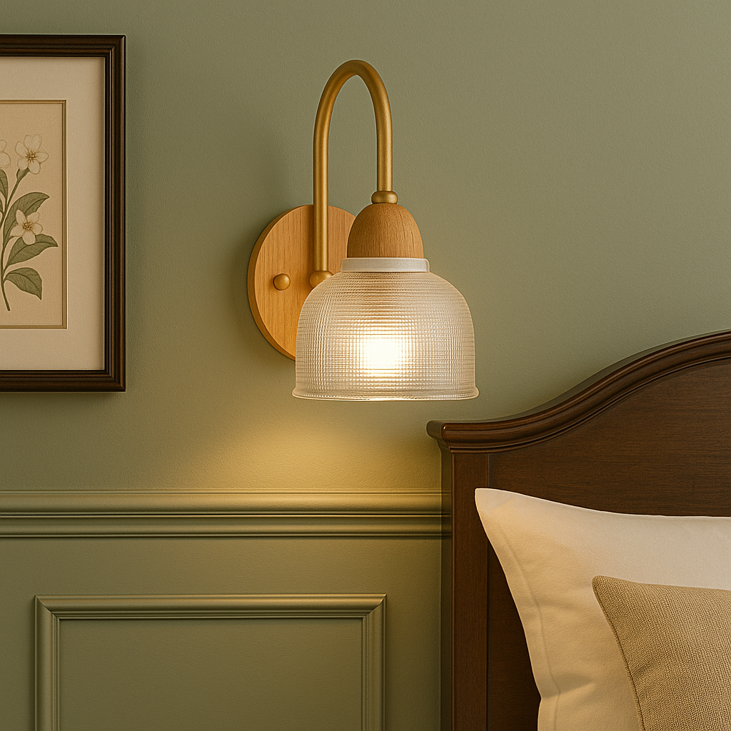 Modern Wall Light | Curved Arm Ribbed Glass Shade Wood Backplate Living Room