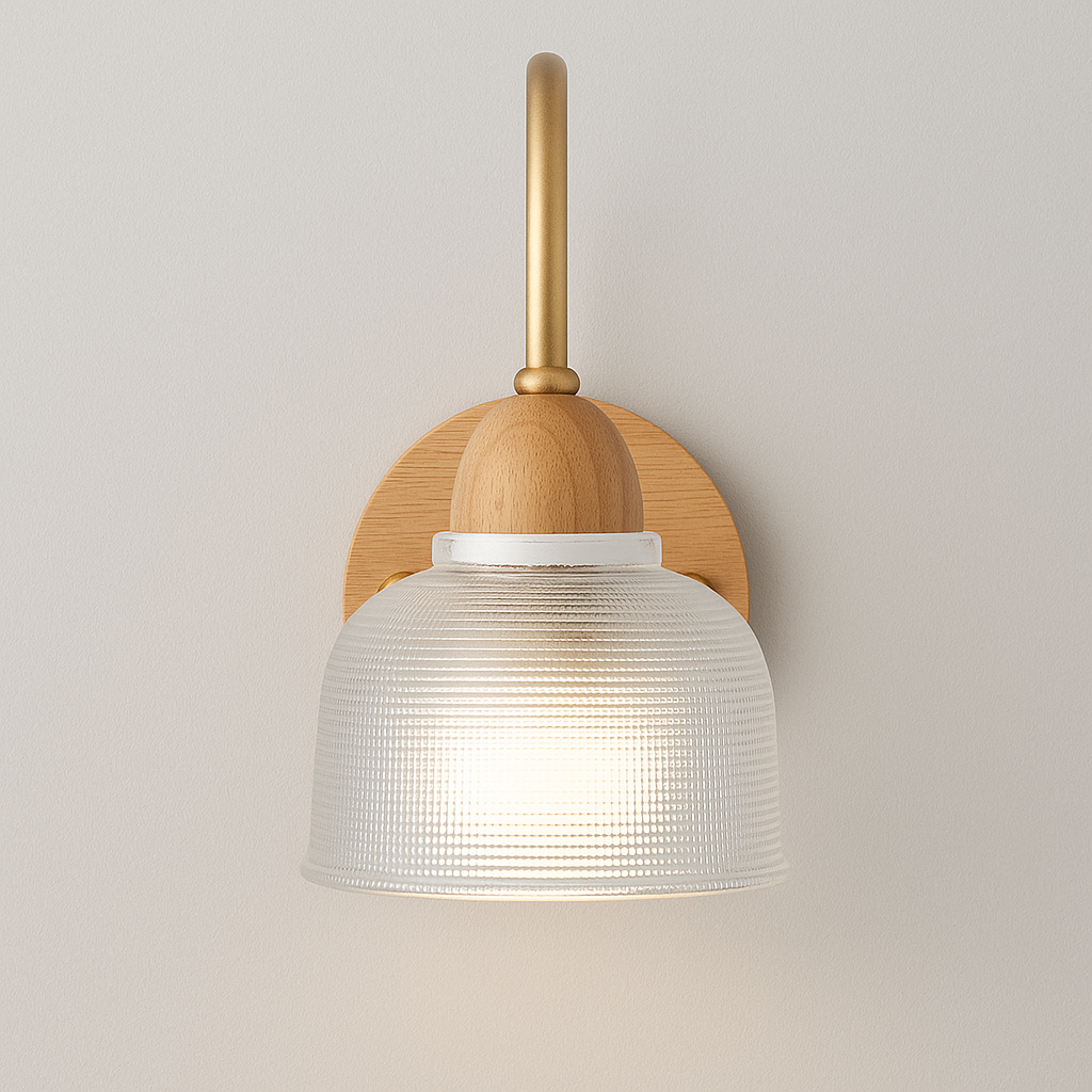 Modern Wall Light | Curved Arm Ribbed Glass Shade Wood Backplate Living Room