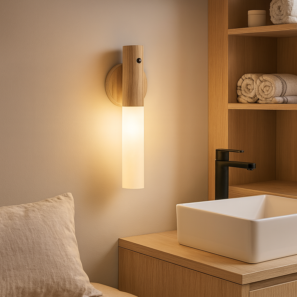 Stick-on Wall Light | Motion Sensor Wood Sconce Frosted Glass Stick On Lights