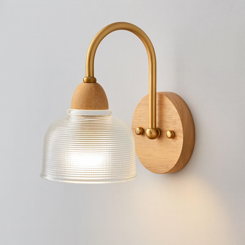 Modern Wall Light | Curved Arm Ribbed Glass Shade Wood Backplate Living Room