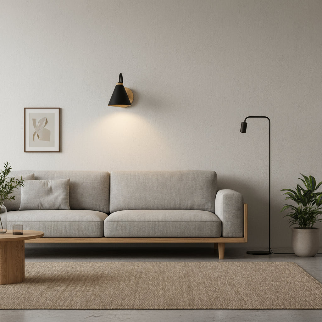 Modern Wall Light | Cone Shade Wood Base Sconce Bedroom Indoor