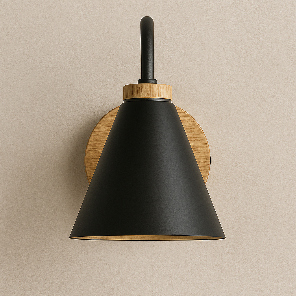 Modern Wall Light | Cone Shade Wood Base Sconce Bedroom Indoor